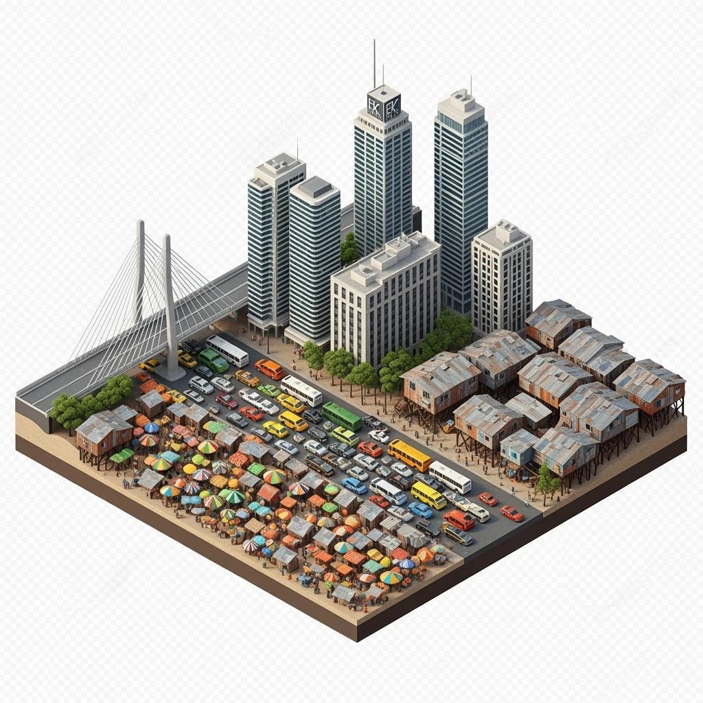 Isometric miniature of Lagos Lekki-Ikoyi Bridge, Eko Atlantic skyscrapers, Makoko slums, tin-roof shacks, chaotic markets, gridlocked traffic, 3D miniature effect and Tilt Shift effect, no cartoonish look, transparent background, don't cut angles emoji