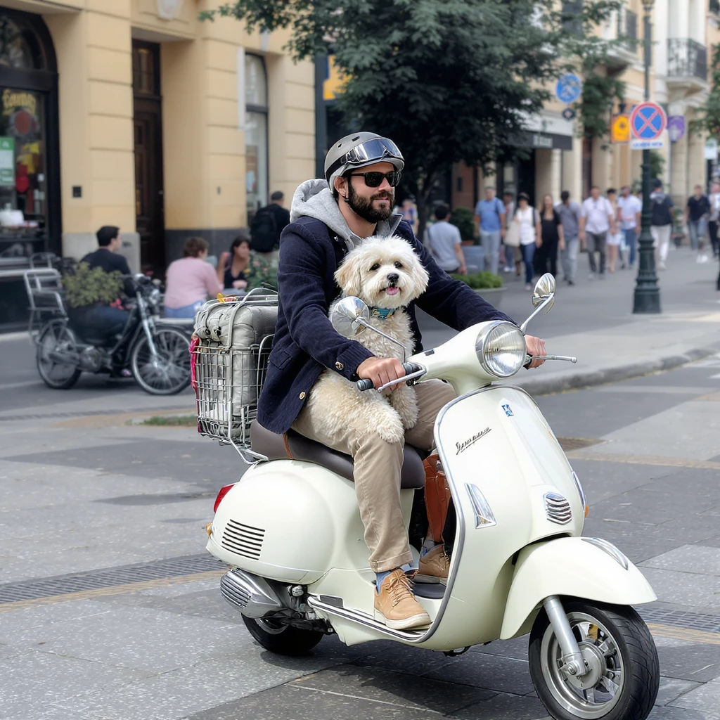 man and his pet dog riding a vespa emoji