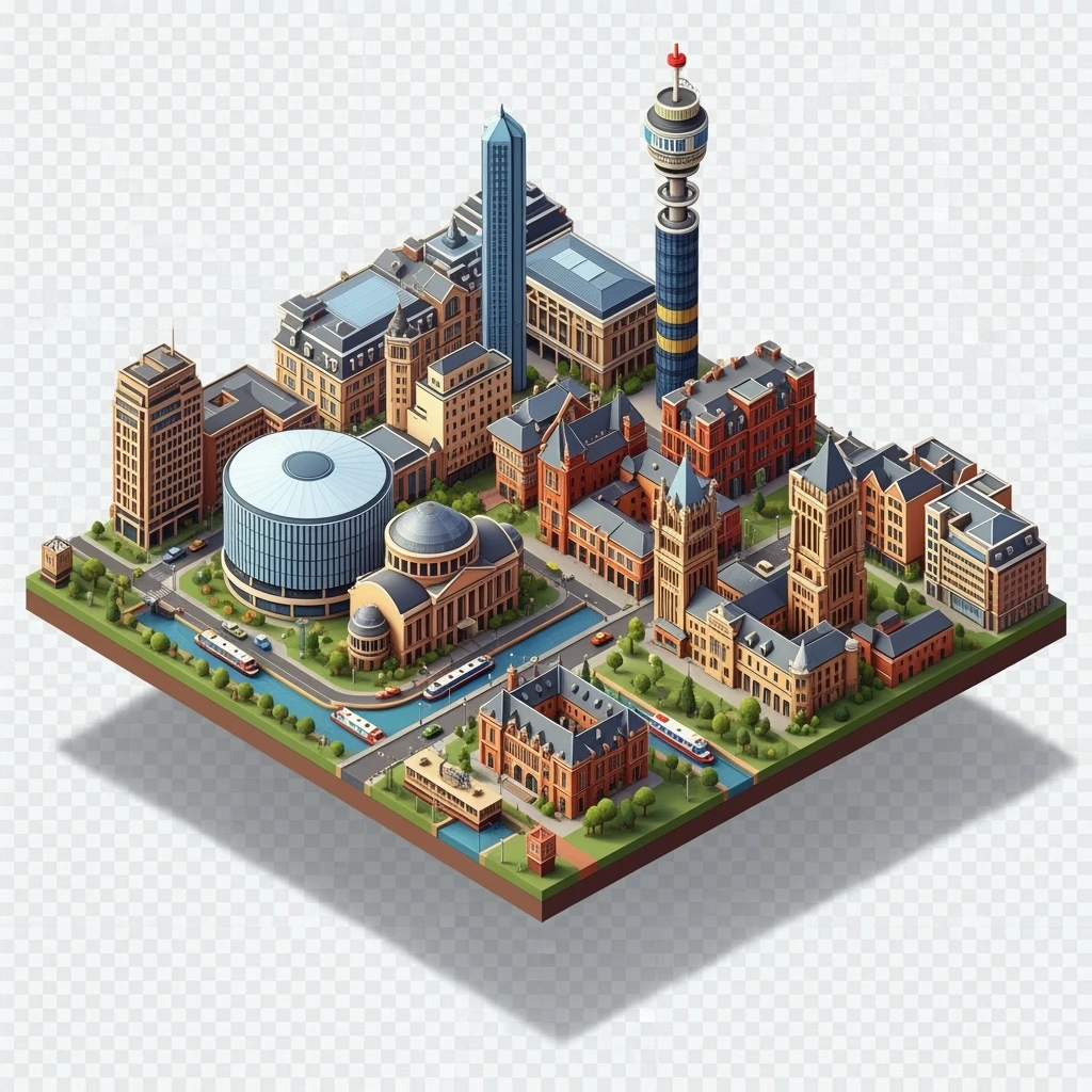 Isometric illustration of Birmingham, balanced between stylized and realistic, 3D miniature effect, transparent background. emoji