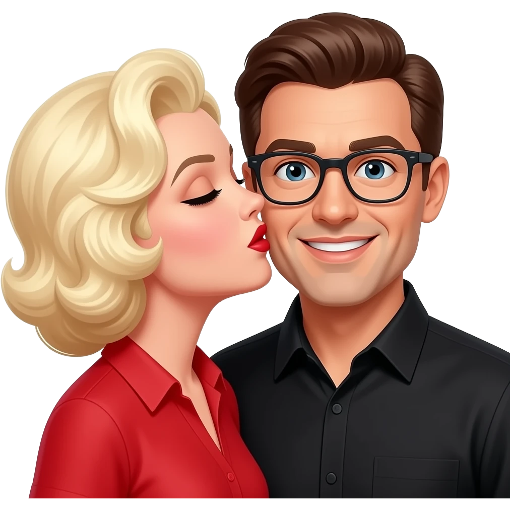 blonde marilyn monroe hairstyle in a red shirt kissing a man with brownish hair with glasses in a black shirt emoji