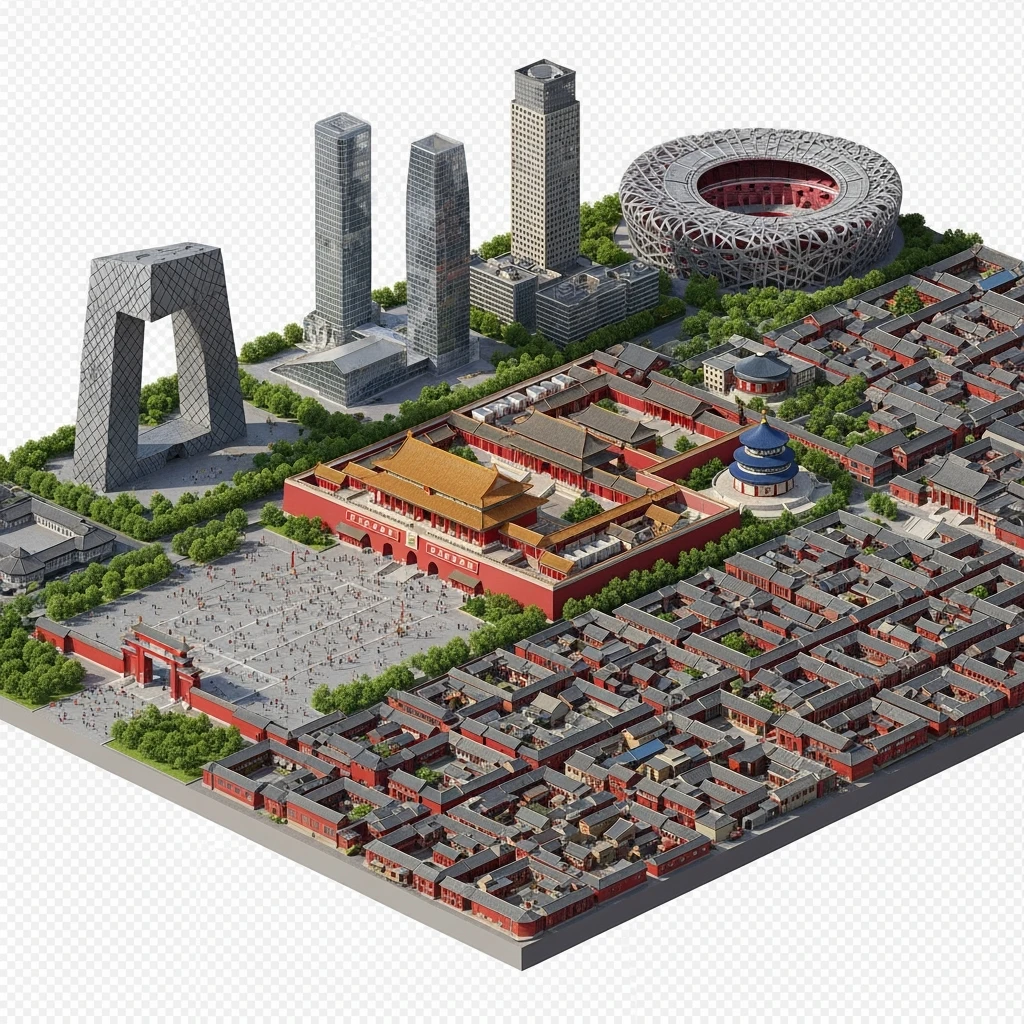 Isometric miniature of Beijing Forbidden City, Tiananmen Square, CCTV Headquarters, Temple of Heaven, China Zun Bird’s Nest Stadium and crowded hutong alleys, apartment blocks, 3D miniature effect and Tilt Shift effect, no cartoonish look, transparent background, don't cut angles emoji