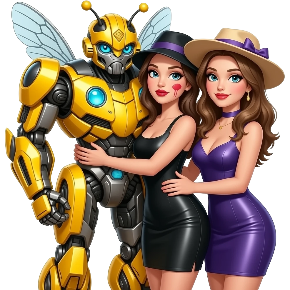 Make the bumblebee transformer hugging two women and the transformer is left with lipstick marks on its body and make the women wearing hats and makeup and lipstick with gloss, eyeshadows, long eyelashes and a ribbon on their heads while wearing a bodycon dress emoji