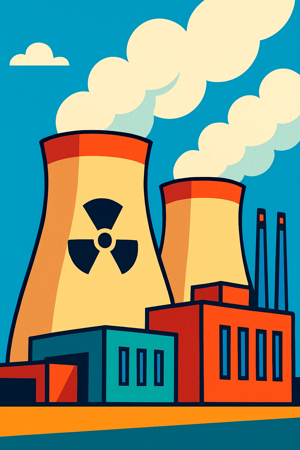 stylized illustration of a nuclear power plant with cooling towers, visible steam, modern and clean look emoji