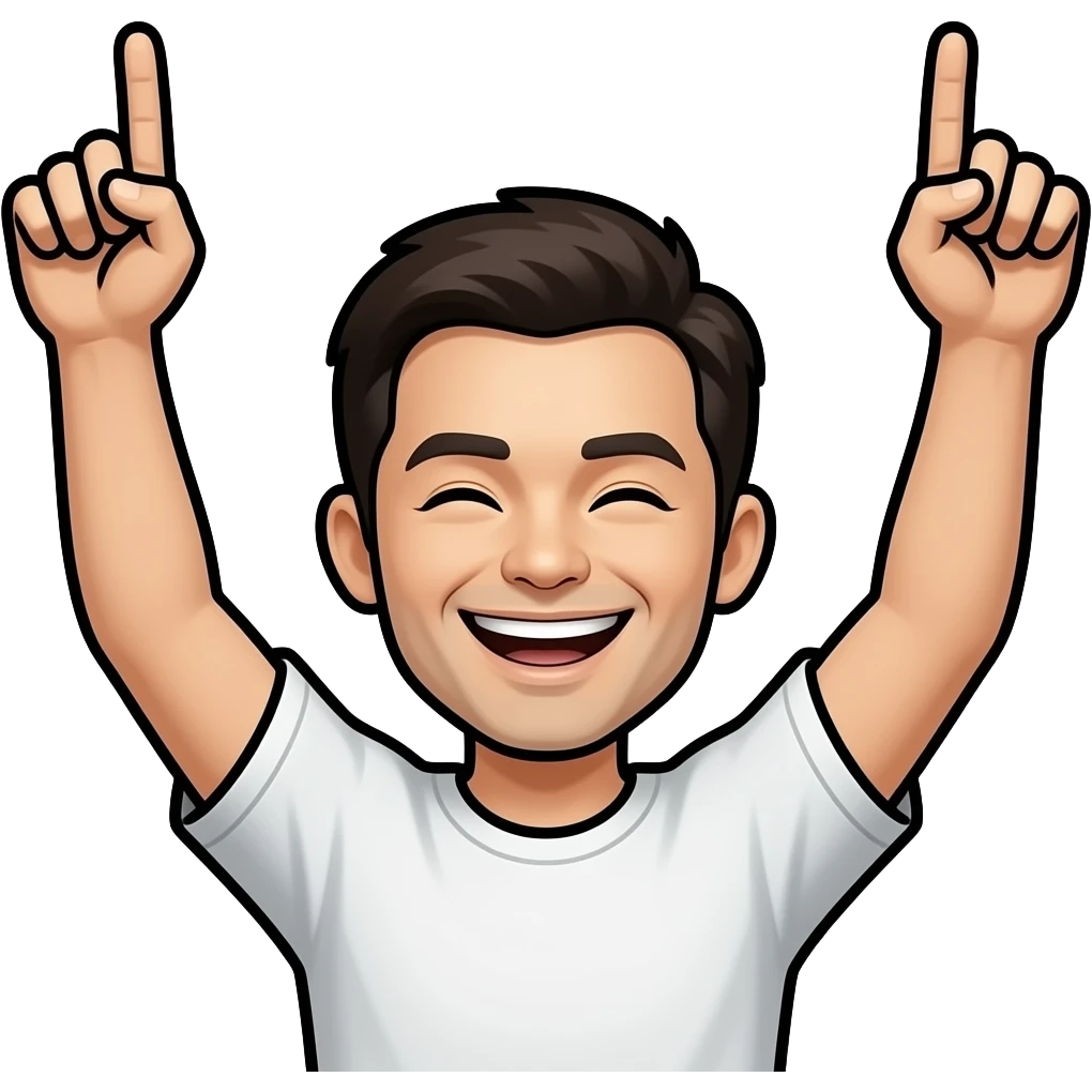 personnage avec les deux bras levés vers le ciel, les index pointés vers le haut, visage souriant les yeux fermés de joie,contours noirs épais, fond blanc, style autocollant, avec l’emoji de base que la tête et le bras  sans le corps avec l’emoji de base et sans le haut de corps avec  emoji de base emoji