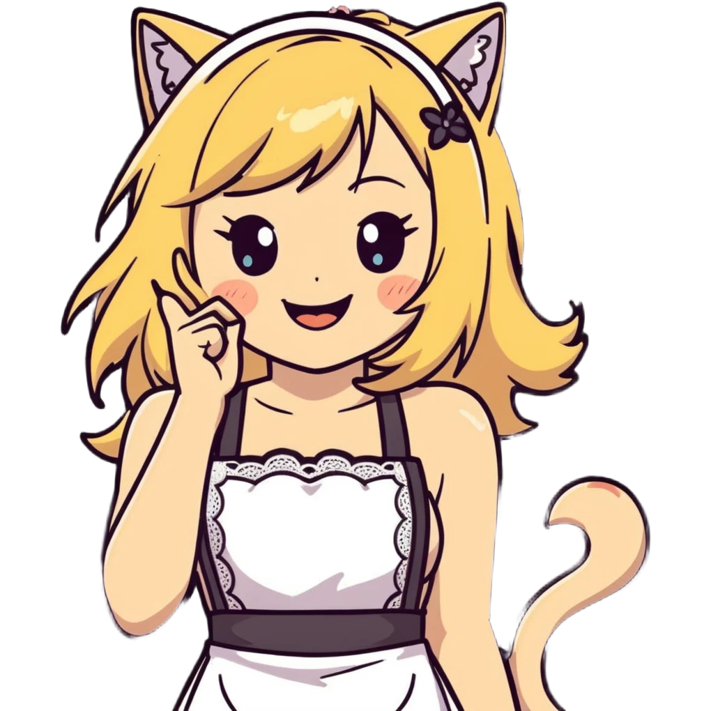  blonde catgirl woman long hair freckles giggling lace apron lace bikini anime influence sleeveless emoji