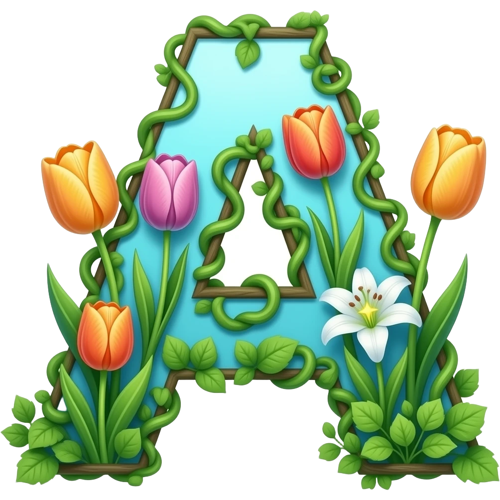 A letter 'A' formed from lush green vines shaped into small hearts. Vibrant tulips and lilies bloom from the letter, each flower center glowing like a tiny star. Dreamy atmosphere, hyper-realistic, soft pastel colors emoji