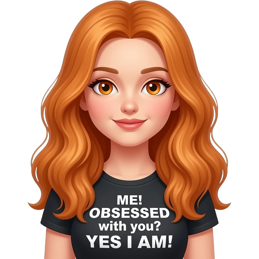 sexy girl with overlong ginger hair and ginger eyes a top with ME! OBSESSED with you? YES I AM! written on it emoji
