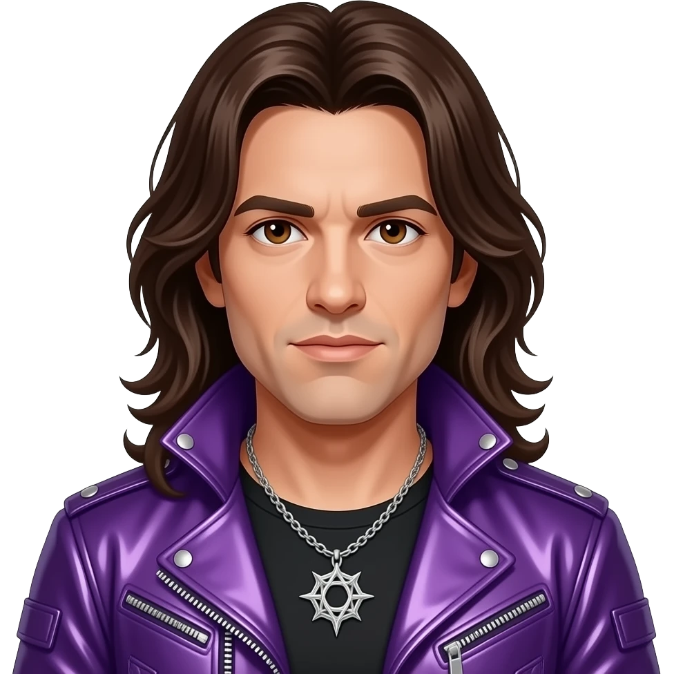 Jonathan Davis with brown eyes, long dark brown hair, purple metallic nu-metal outfit, necklace emoji