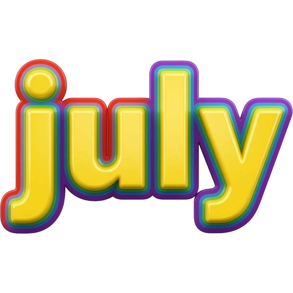 Word "july" in yellow, 3D style typography lettering, each color of the rainbow as a border outlined around each letter, isolated, 3d rendering, no emoji icons no emoji faces and must have no human figures emoji