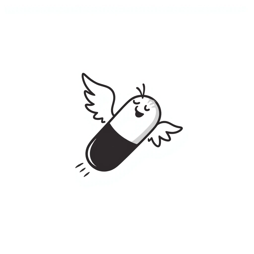 Medicine pill or capsule with small wings attached, flying through the air emoji