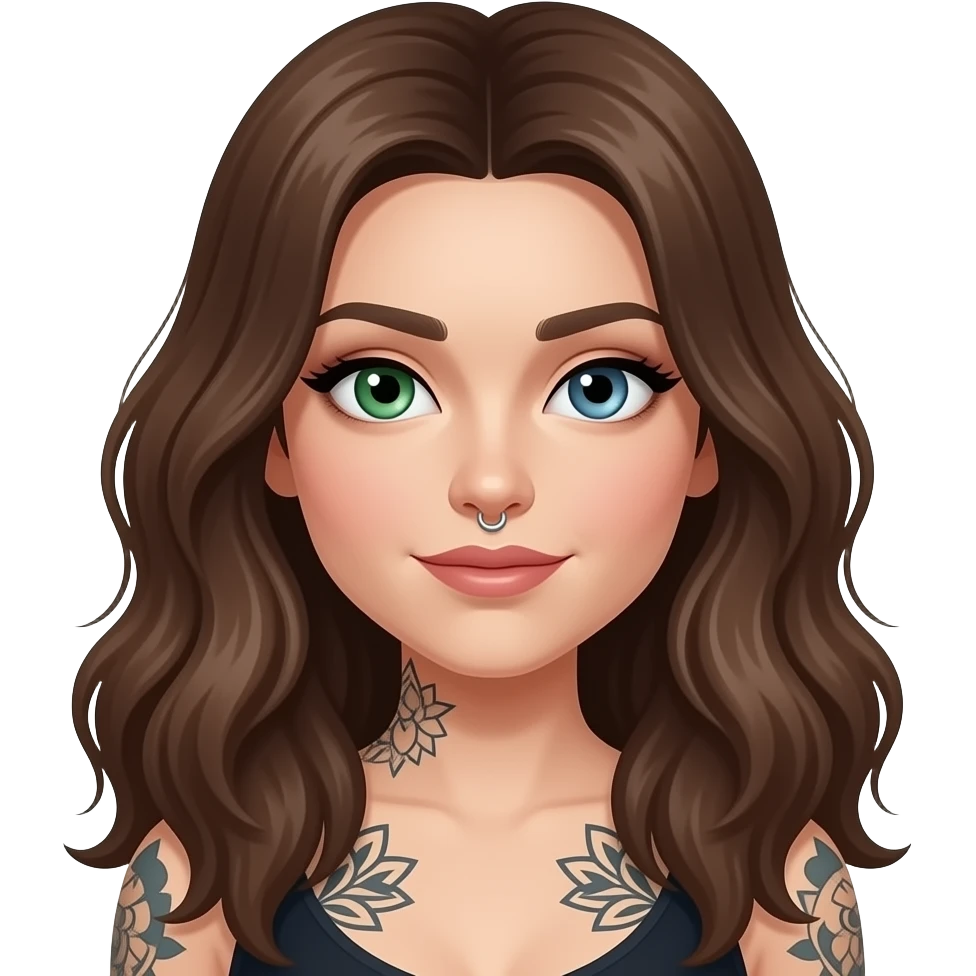 white long wavy haired brunette woman with one green eye one blue eye tattoos a philtrum piercing and a thin streak of grey hair emoji