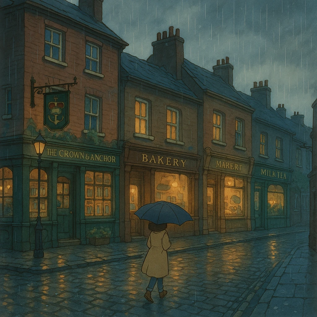 ghibli style London street scene with cozy shops and rainy weather emoji