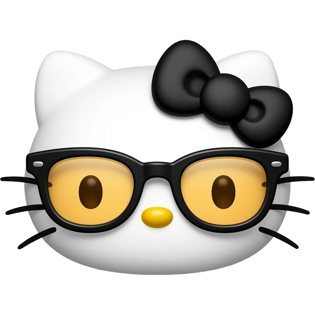 A minimalist Apple-style emoji of Hello Kitty's face. She has no mouth, small whiskers, a yellow nose, and is wearing thick-rimmed black glasses with amber lenses and a black bow, centered on a solid black background emoji