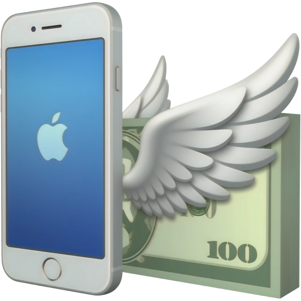 An iPhone next to a banknote with wings emoji