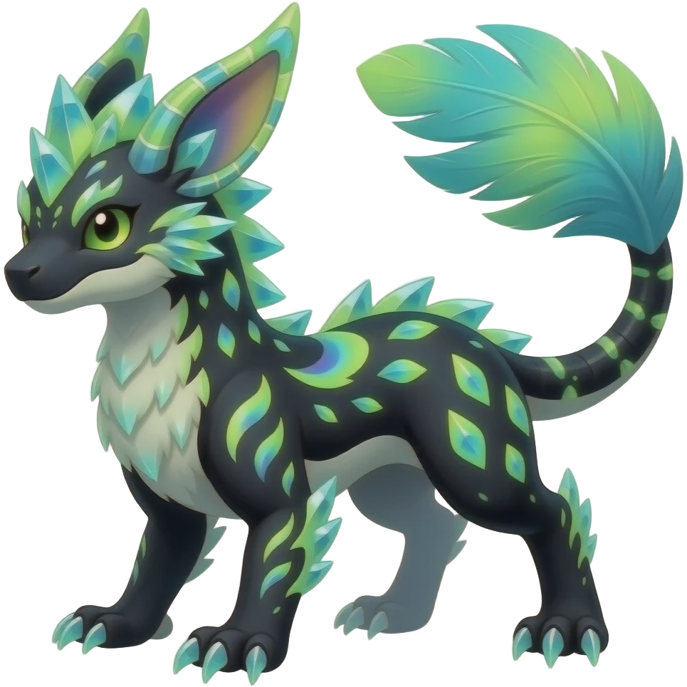 Rare realistic iridescent neon lime-green & cyan white black lush tropical exotic edgy epic pretty beautiful handsome gorgeous aesthetic colorful vibrant Vernid-Protogen-Fionbri-Genet-Trico-species-Fakemon-hybrid-creature by LiLaiRa, beautiful intricate markings, full body emoji