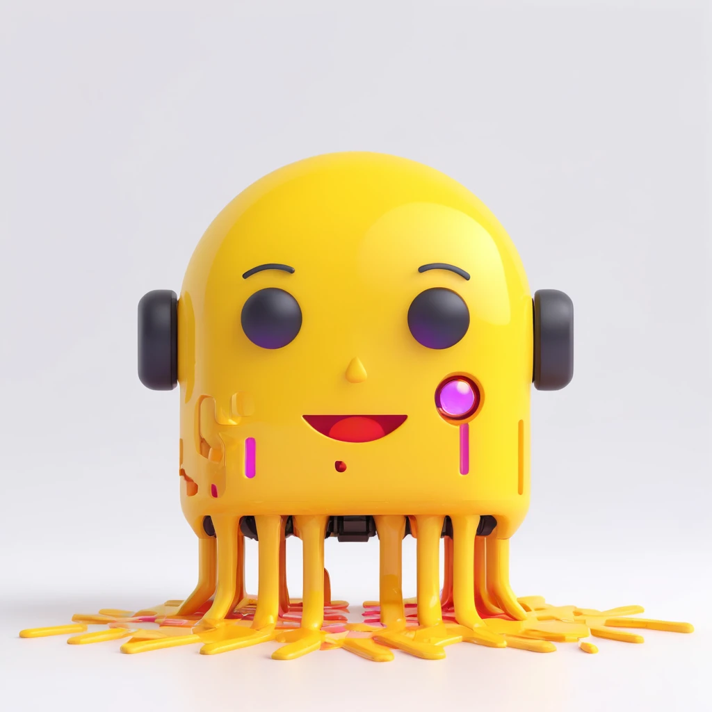melting yellow emoji face in front of a sleek AI robot, emoji turning into colorful digital fragments, flat 3D icon, neon colors, white background emoji
