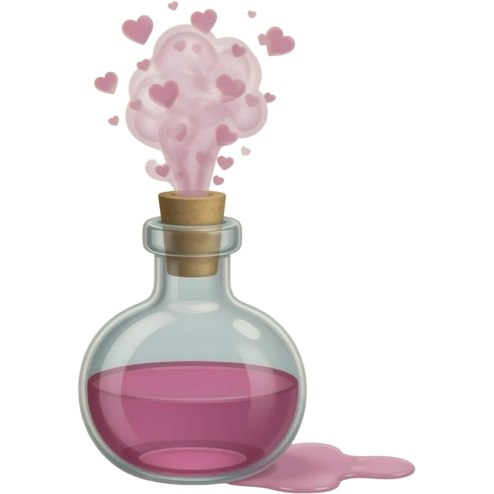 An aphrodisiac potion bottle fuming with tiny pink fog hearts oozing out emoji