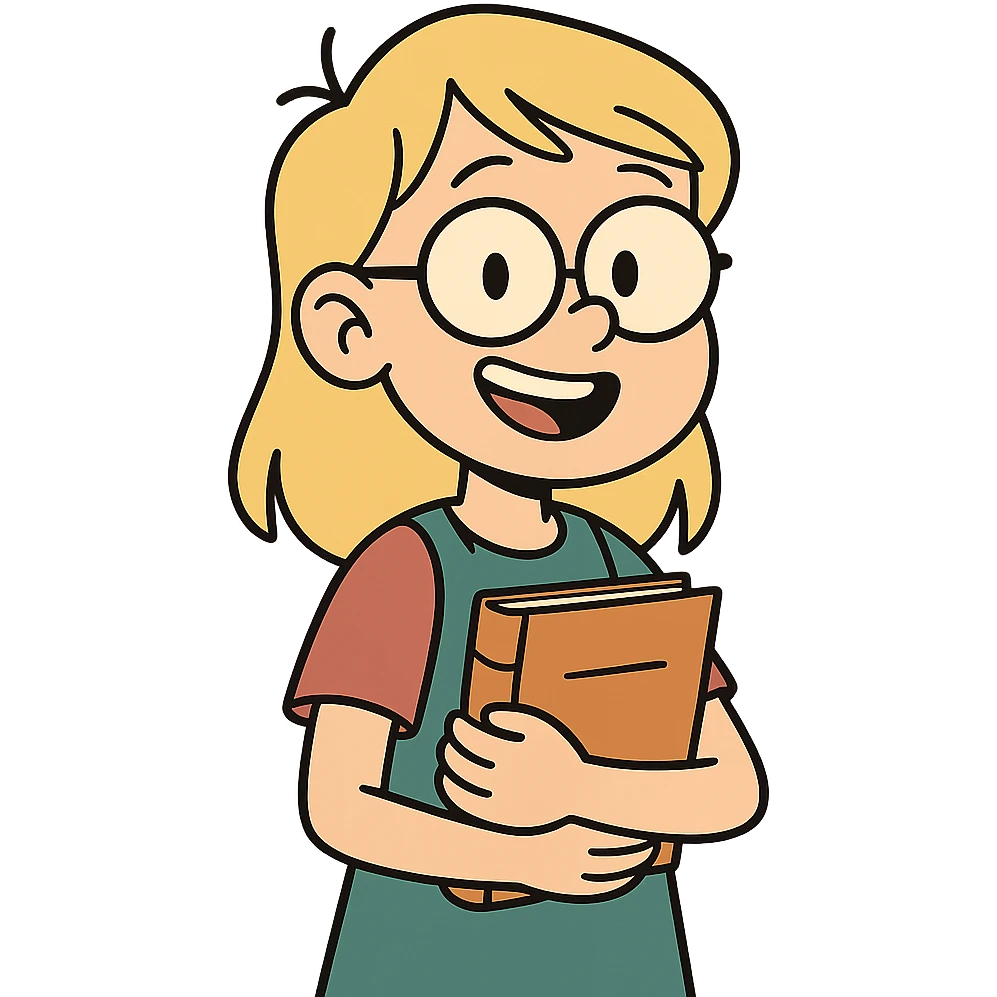 6th grade girl with blonde hair and glasses, smiling, holding a book, cartoon style emoji