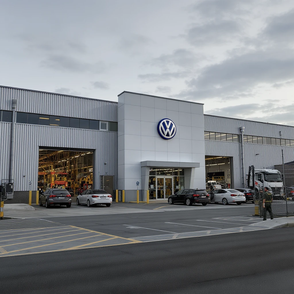 Realistic Volkswagen factory exterior, large industrial building with Volkswagen logo, parking lots filled with cars, factory grounds with machinery and equipment, realistic lighting and shadows, industrial atmosphere, workers in uniforms walking around, camouflage colors emoji