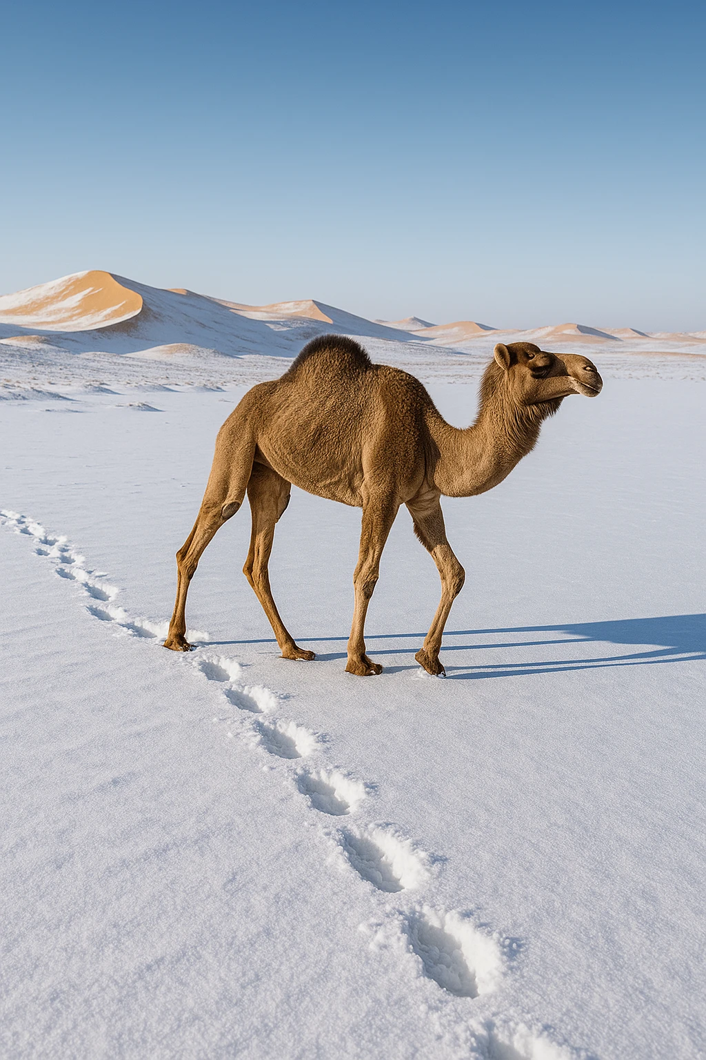 camel walking through a snowy desert, footprints in the snow, distant dunes emoji