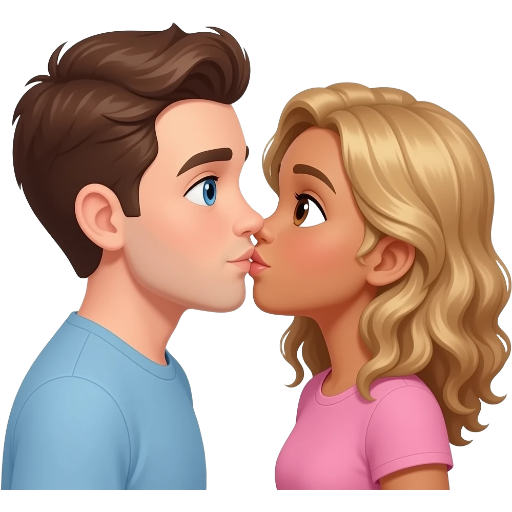 Homme blanc cheveux châtain avec yeux bleu et fille métisse cheveux bouclés marrons et blonds avec des yeux marrons qui s’embrassent emoji