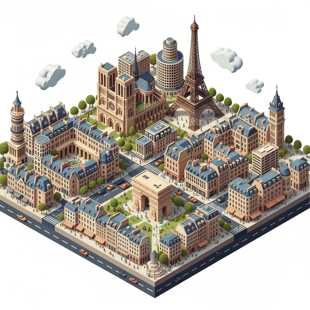 Isometric illustration of Paris, full miniature cityscape shown in the frame, 45-degree bird’s-eye view, photorealistic details, realistic lighting, clean streets, tiny cars and people, modern buildings with varied architecture, with landmark buidlings emoji