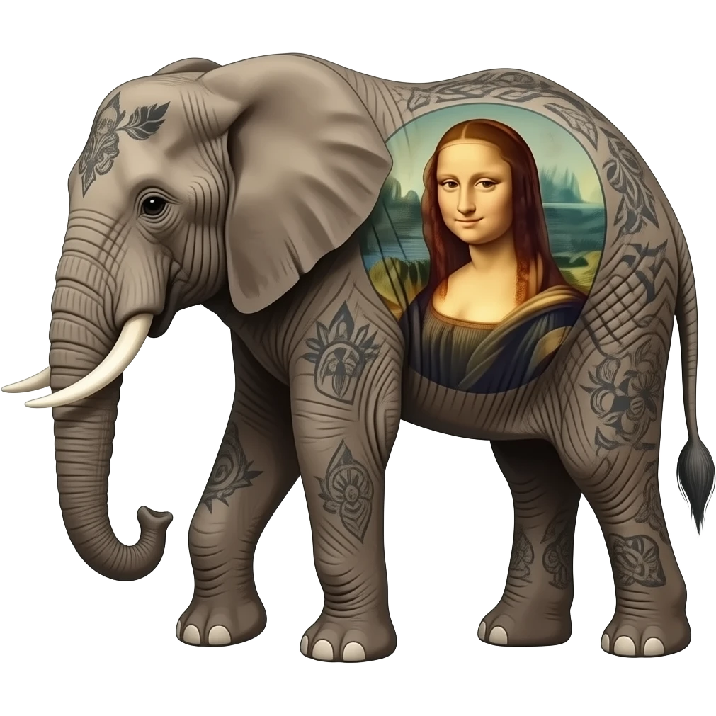 surreal - a tattooed elephant with long legs from Salvador Dali's paintings carry Botticelli's ethereal Venus on their backs emoji