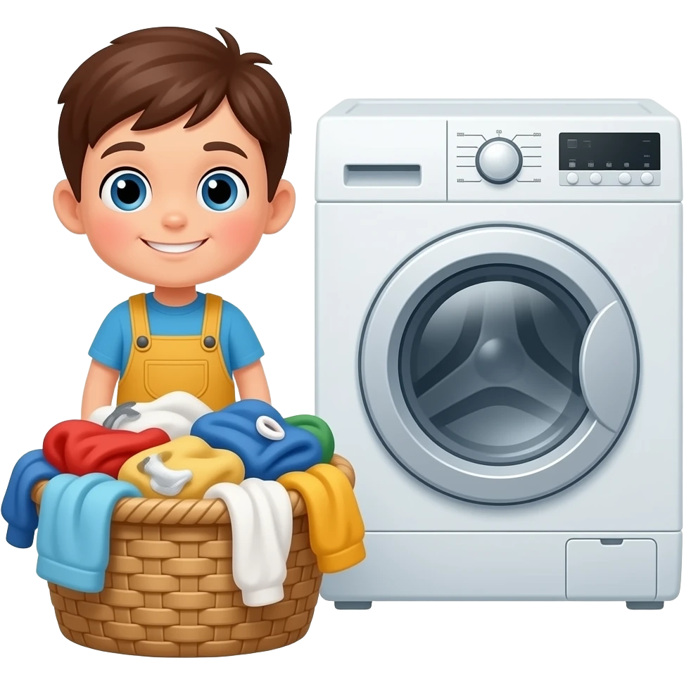 a kid with a basket full of dirty clothes and next to the washing machine emoji