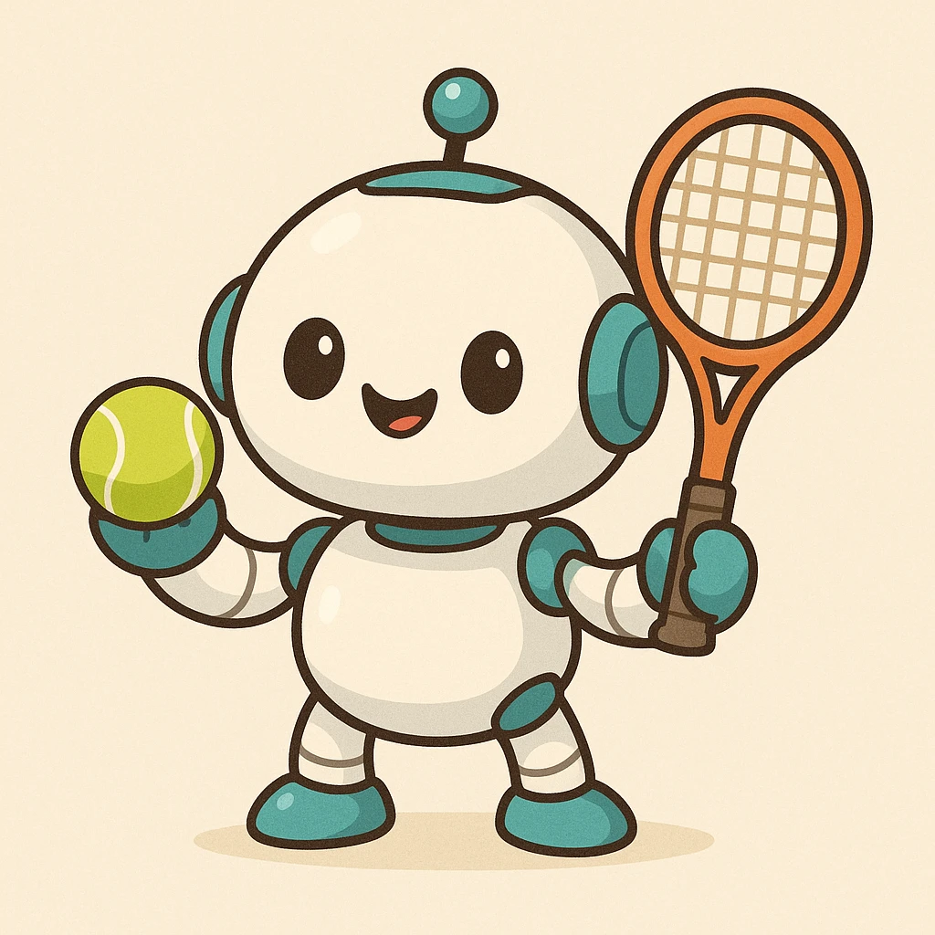 cute tennis robot, round shapes, smiling face, holding a tennis ball and racket emoji