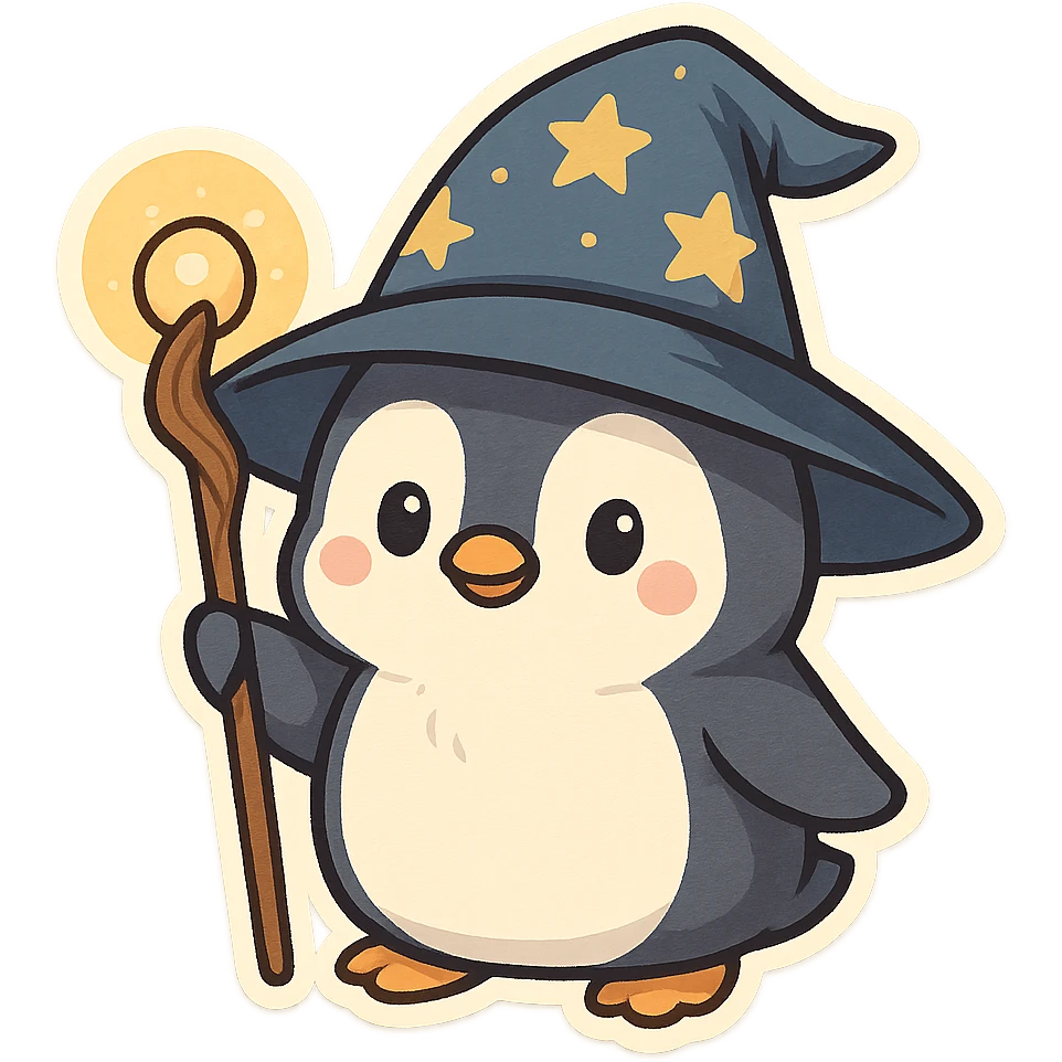 a penguin dressed as a wizard, with a pointy hat and a magic staff, in a fun and whimsical style emoji