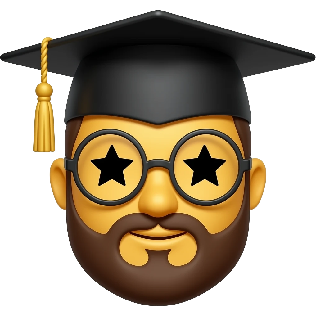 Yellow emoji face with star eyes, beard, round glasses, graduation cap with gold tassel, cartoon style, white background emoji