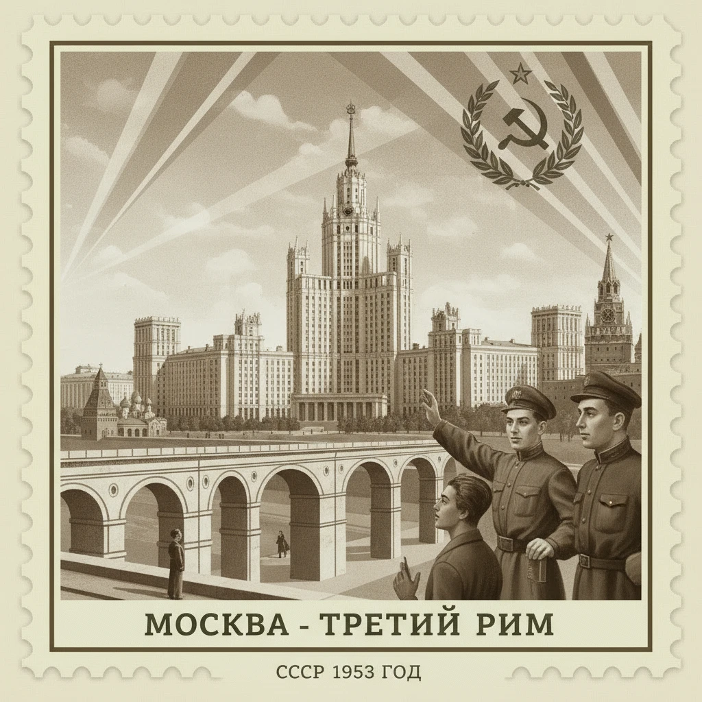 Москва - третий Рим. СССР 1953 год

Стилизуй изображение под марку как на фото emoji