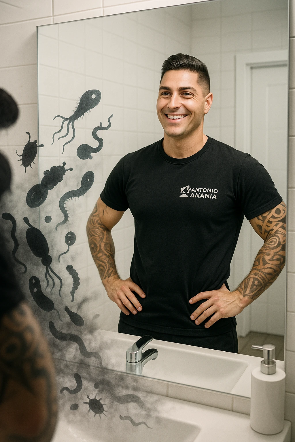a man stands in a brightly lit bathroom, looking relieved and revitalized as he examines his reflection in the mirror. In the foreground, stylized, shadowy images of parasites (such as worms or protozoa) are shown leaving his body, dissolving into mist or fading away. His posture is upright and his expression is one of newfound energy and health. emoji