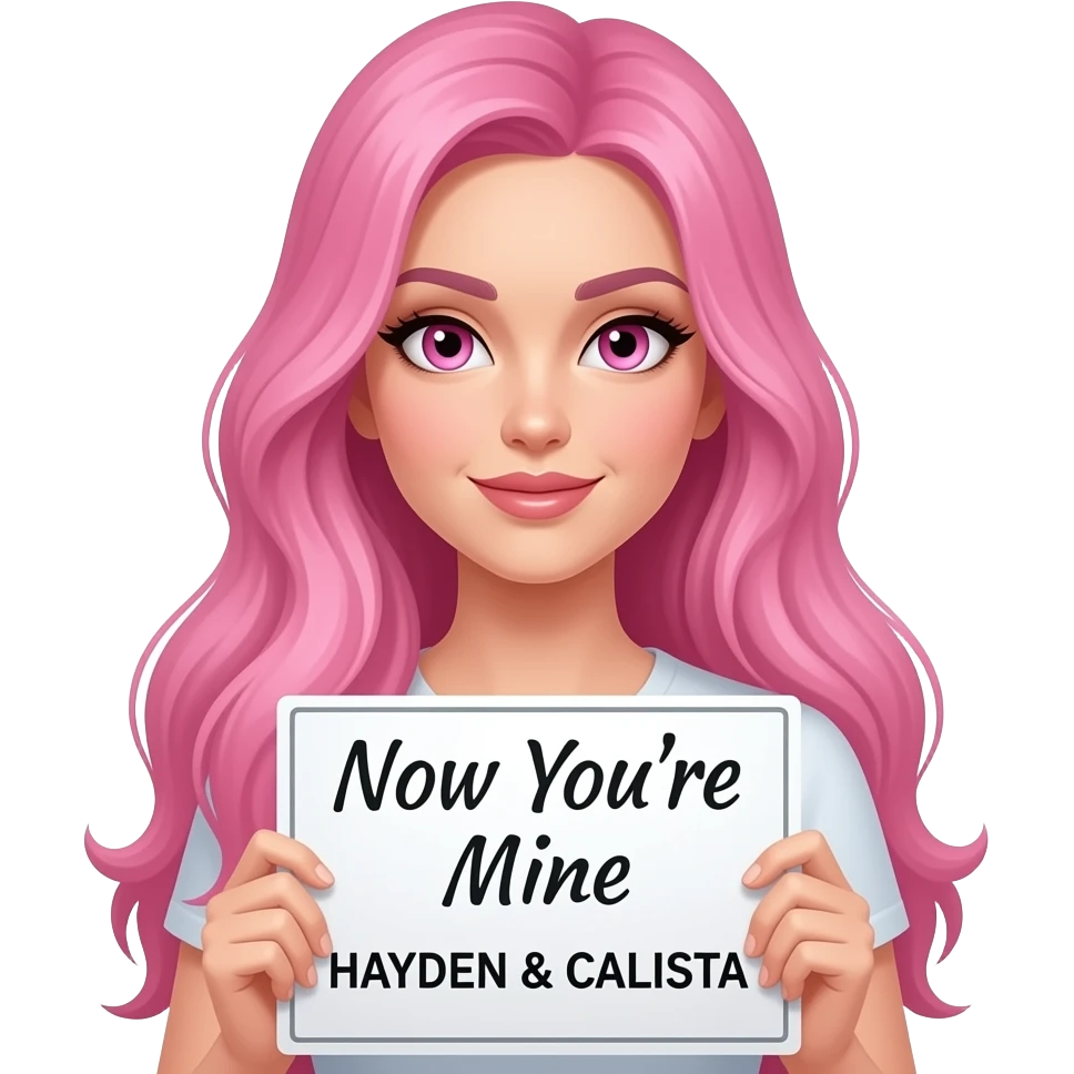 sexy girl with long pink hair and pink eyes holding a Now You're Mine HAYDEN & CALISTA sign emoji