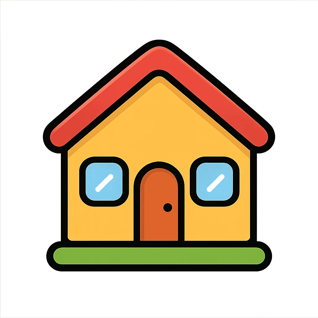 cute cartoon house icon, rounded shapes, friendly appearance, red roof, modern icon style emoji