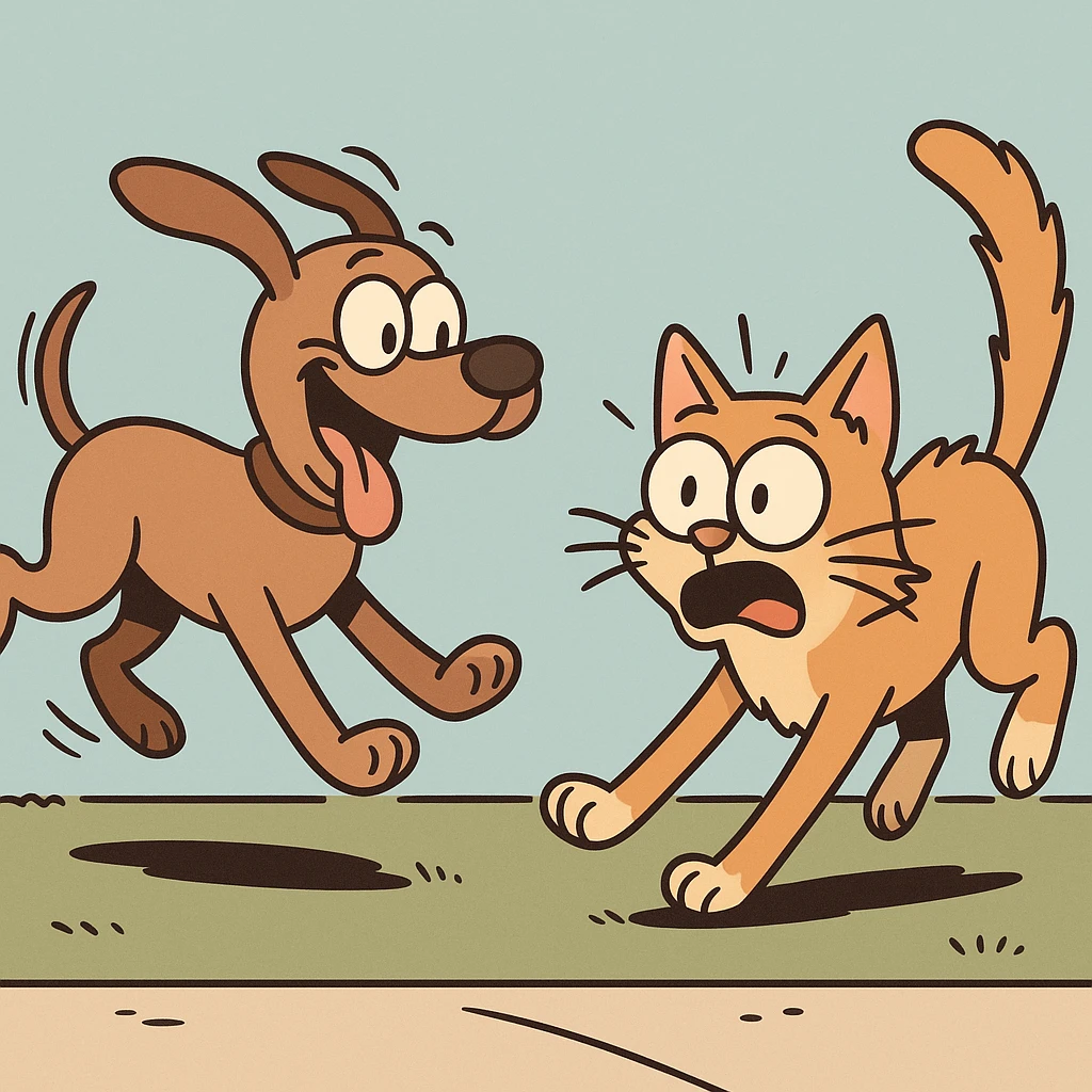 a cartoon dog with a remote running after a surprised cat, lively and dynamic, fun scene emoji