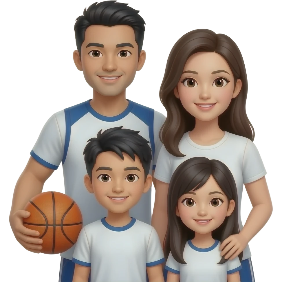 Asian Family of 4 w/ basketball (Dad w/ black & white hair, Mom w/ long hair, Son short hair, Daughter w/ long hair) emoji