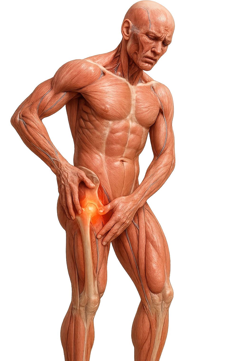 CORPO UMANO ANATOMICO A FIGURA INTERA REALISTICO CHE SI TOCCA L'ANCA INFIAMMATA, DOLORE ALL'ANCA, IPERREALISTICO 4K emoji