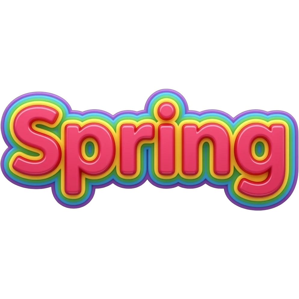 Word "spring" in raspberry red 3D style typography lettering, each color of the rainbow as a border outlined around each letter, isolated, 3d rendering, no emoji icons no emoji faces and must have no human figures emoji