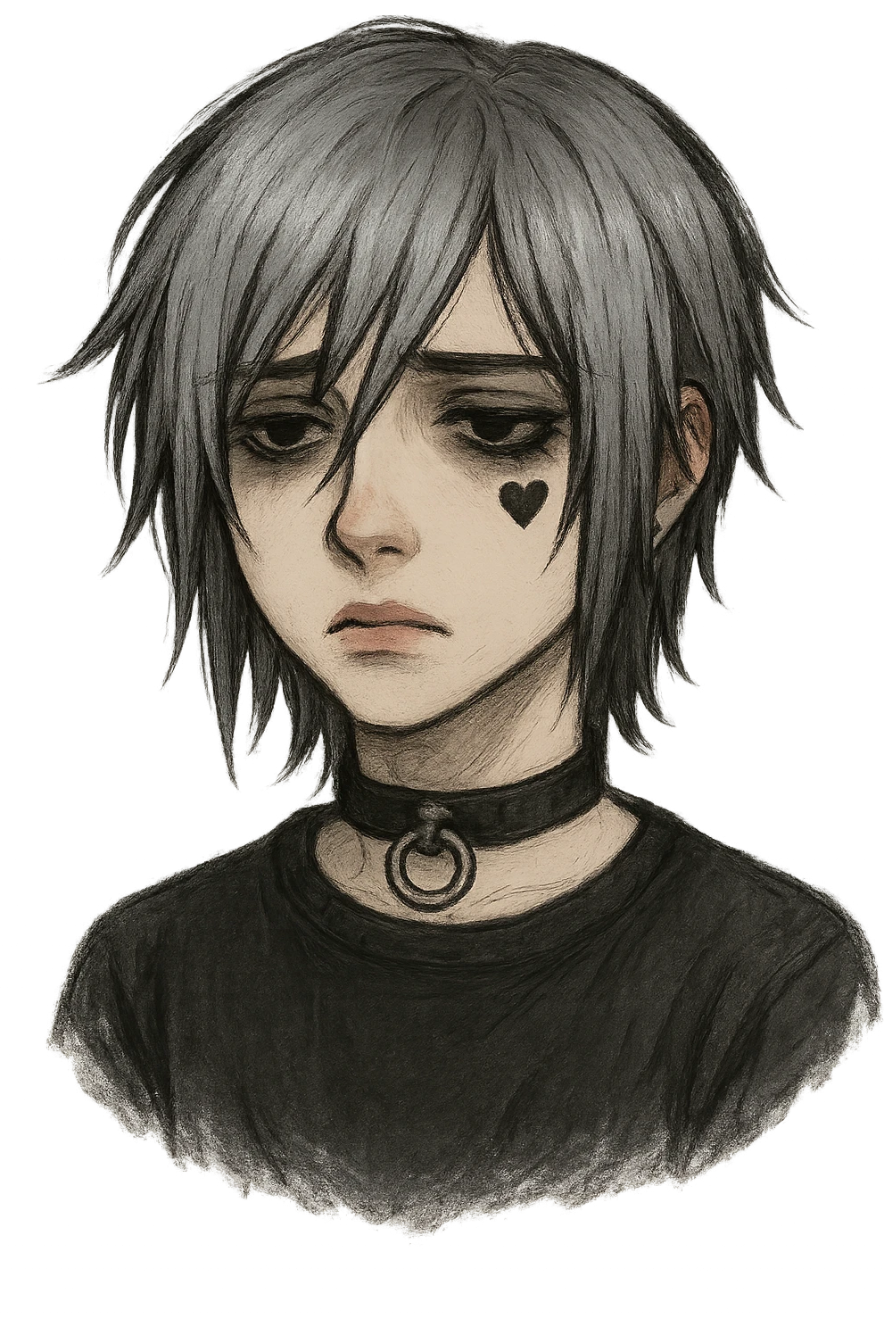 emo face, silver hair, heart under eye, melancholic emoji