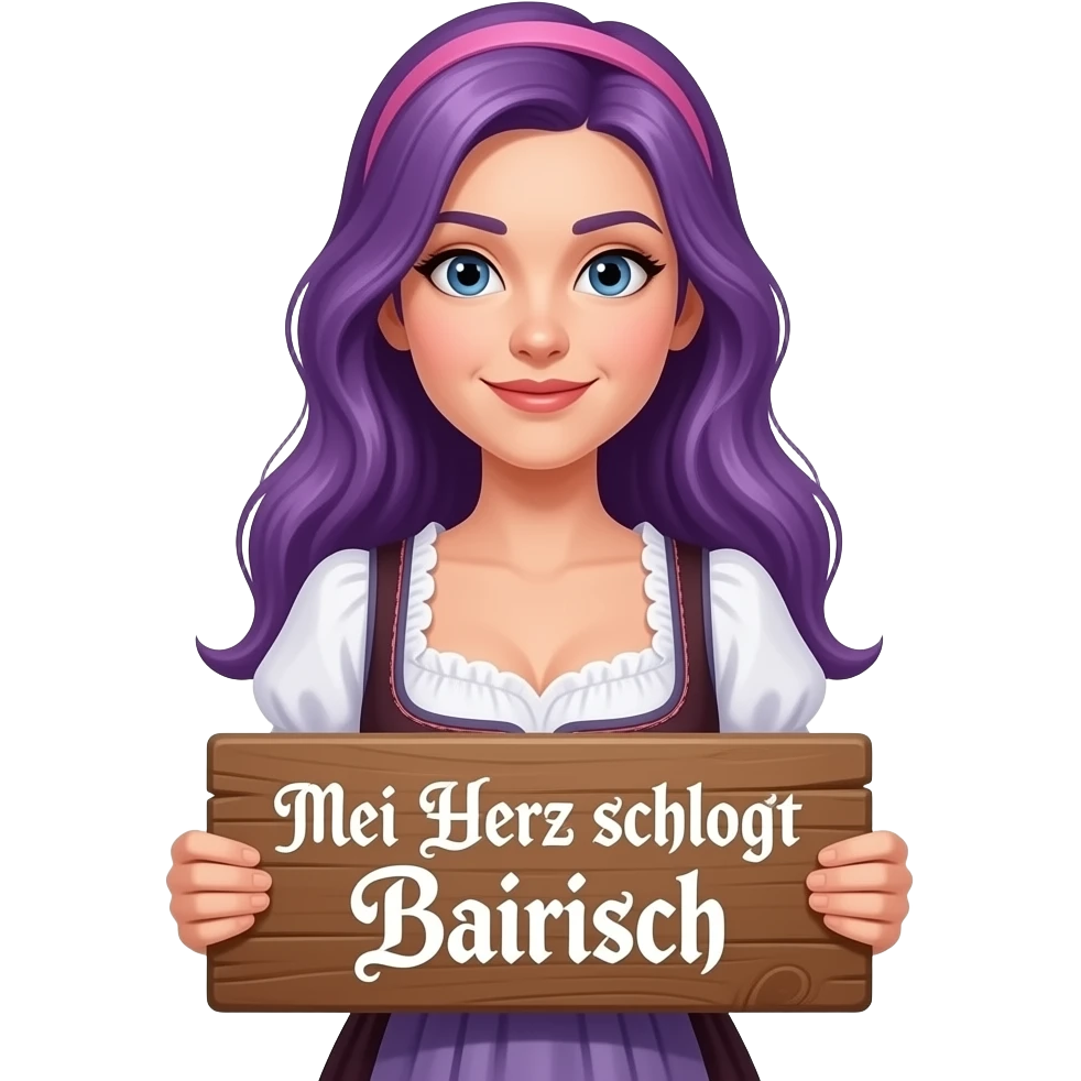 girl with long purple hair wearing a dirndl holding a Mei Herz schlogt BAIRISCH sign emoji