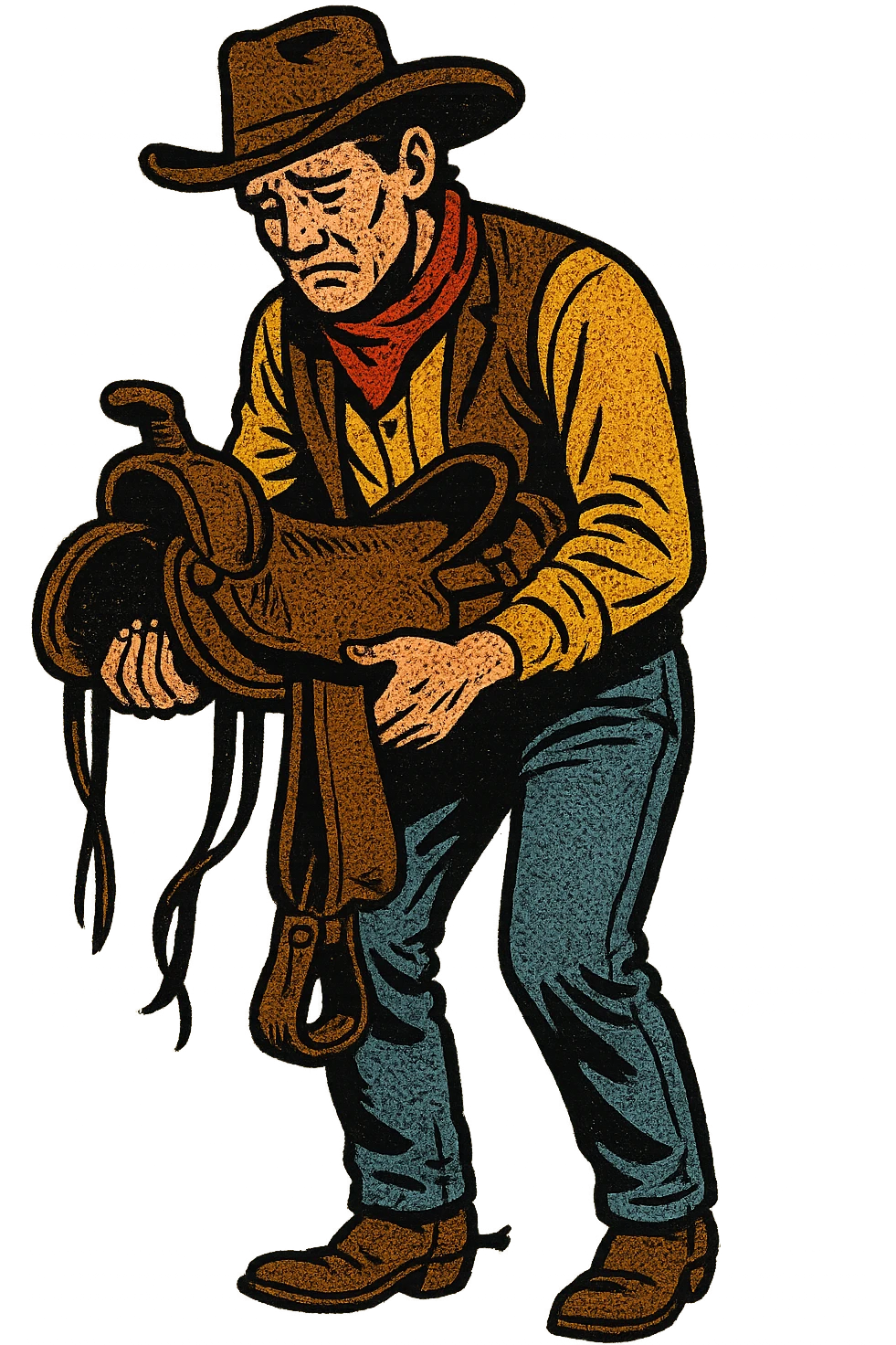 The full body of a sad American West cowboy from the 1860s holding a saddle emoji