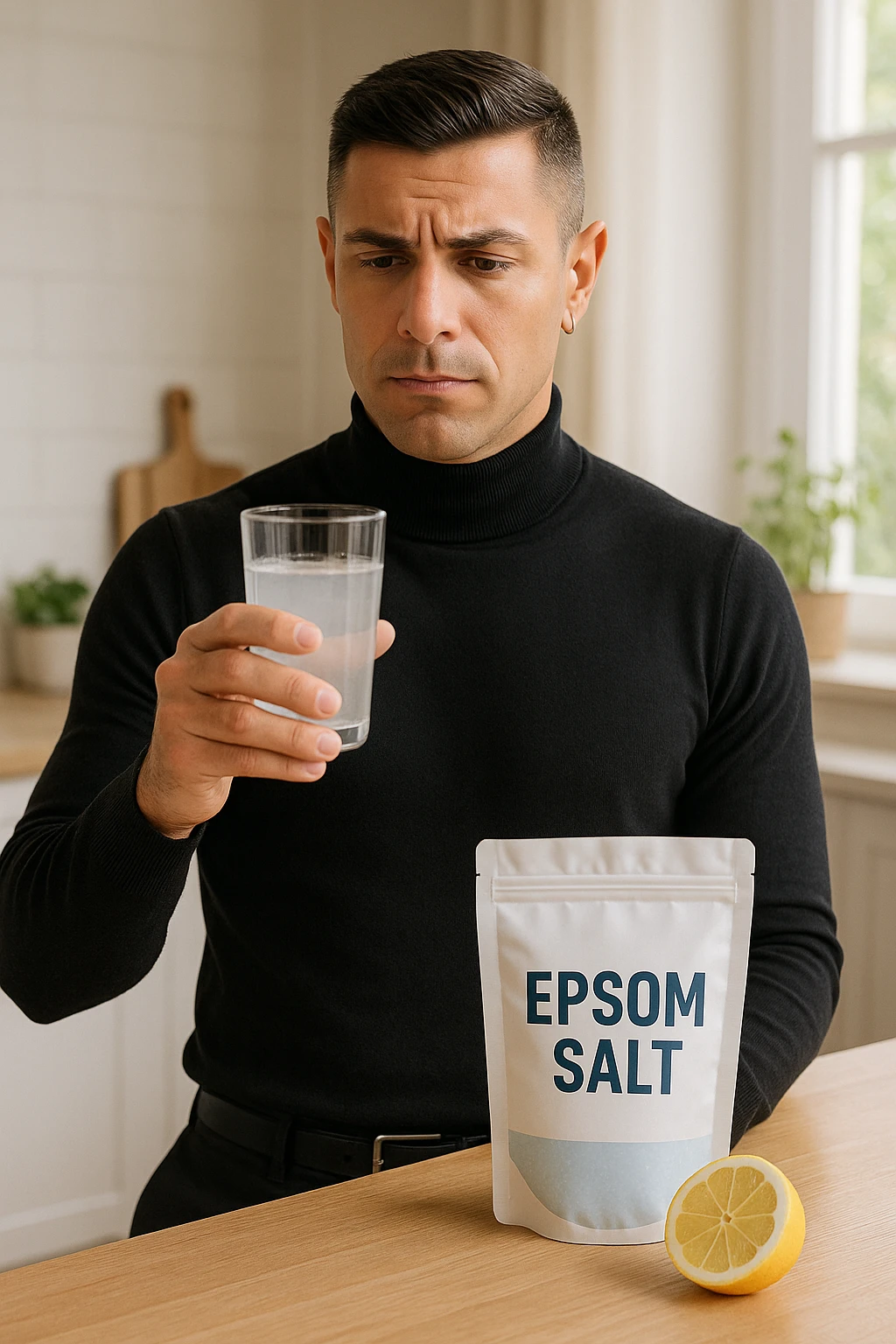A realistic, bright photo-style image of a young man in his 30s standing in his kitchen, holding a clear glass filled with water in which Epsom salt (magnesium sulfate) has been dissolved. He looks focused but slightly uncertain as he prepares to drink it for a liver flush or digestive cleanse. The glass shows slight cloudiness from the dissolved salt. On the counter are a packet labeled 'Epsom Salt' and a sliced lemon, suggesting he might use it to mask the taste. The setting is clean, natural, and bright with neutral tones. The background shows sunlight streaming through a window, emphasizing a clean, minimalist health-focused environment. The mood conveys a realistic, calm moment of self-care with a hint of discomfort, illustrating a natural detox practice emoji