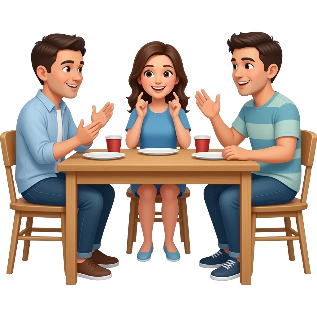 Dialogue between two adults and a teenager sitting at the table at home looking at each other in a conversational mood, hands moving, faces speaking emoji