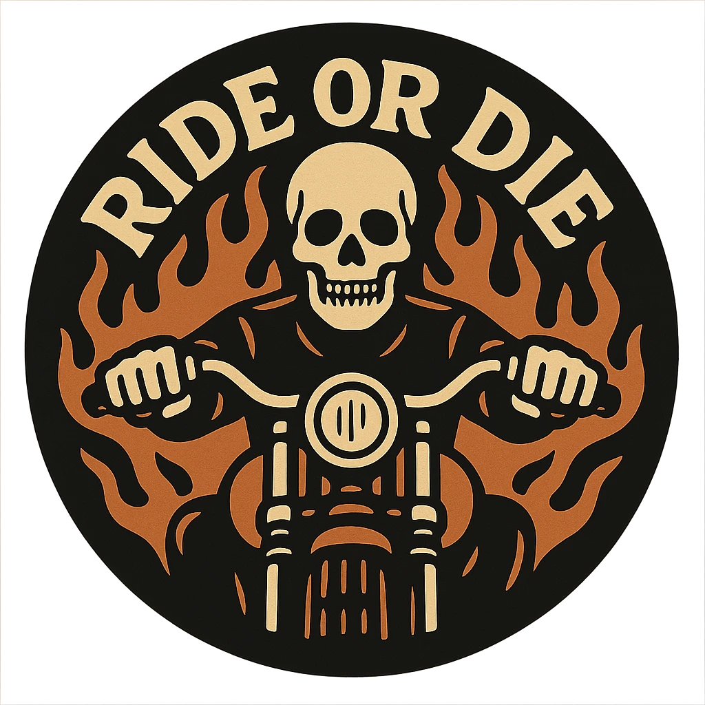 circular design for motorcycle cap, transparent background, text 'Ride or Die' in English, classic motorcycle style, motorcycle motifs like skull, flame, motorcycle emoji