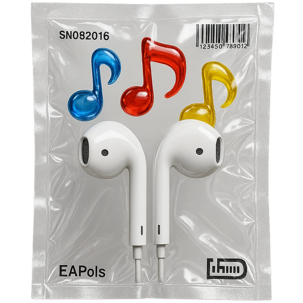 pair of white EarPods with three floating transparent glass music notes in primary colors, glossy and inflated, vacuum-sealed style emoji