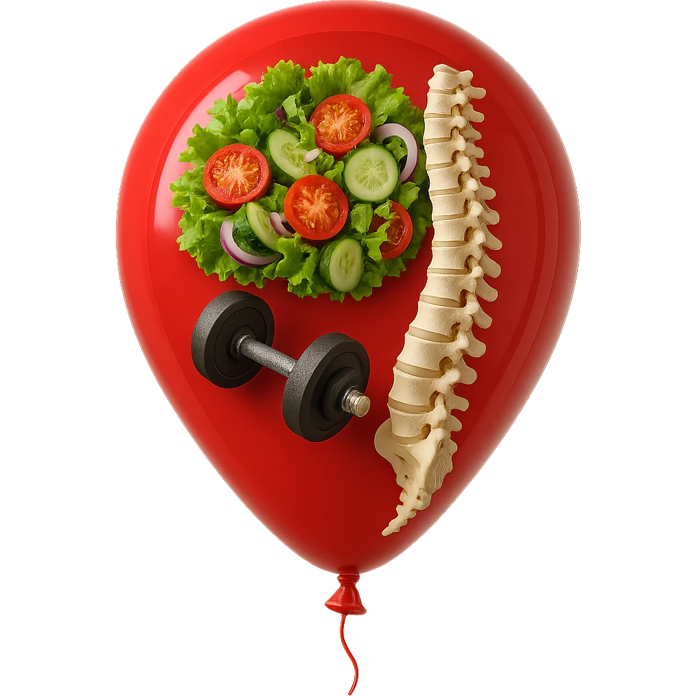 palloncino rosso con all'interno insalata, manubri da palestra e una spina dorsale anatomica realistica in 3d, isolato su sfondo bianco emoji