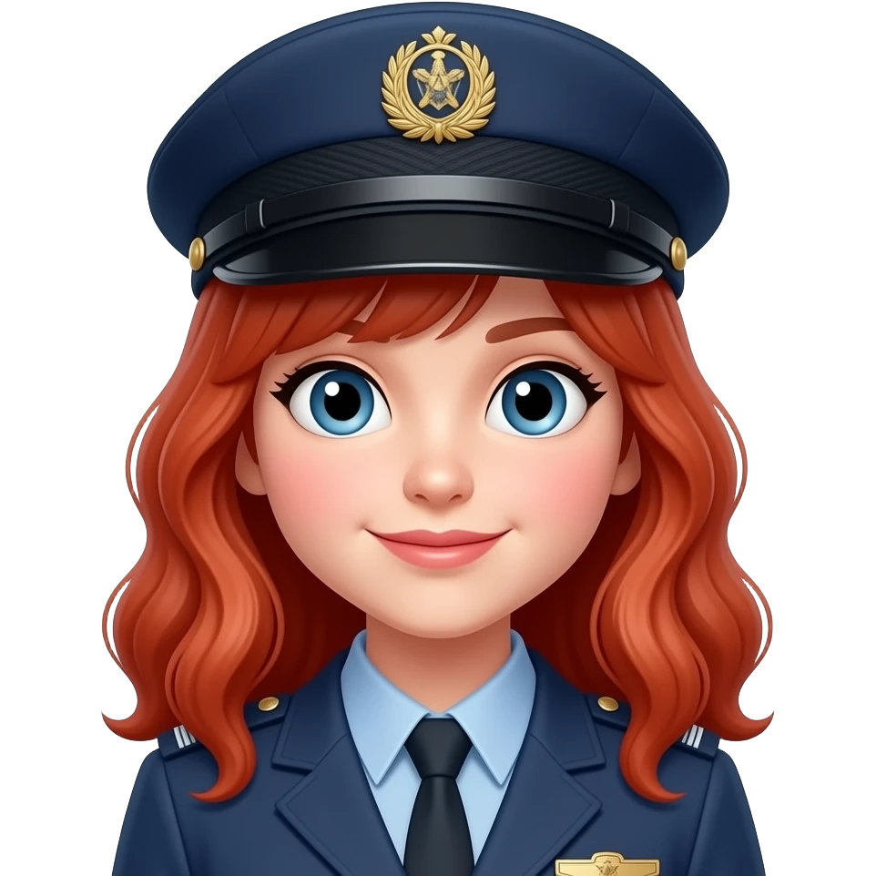 red haired cute female in  uniform, closeup , front facing  no cap emoji