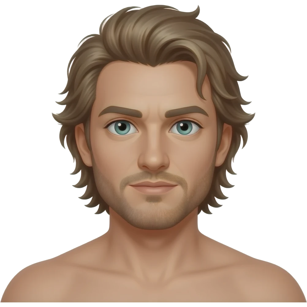Mullet with side flares, wide shoulders. hazel blue green eyes, some grays with mostly hazel hair, 5 o’clock shade beard emoji