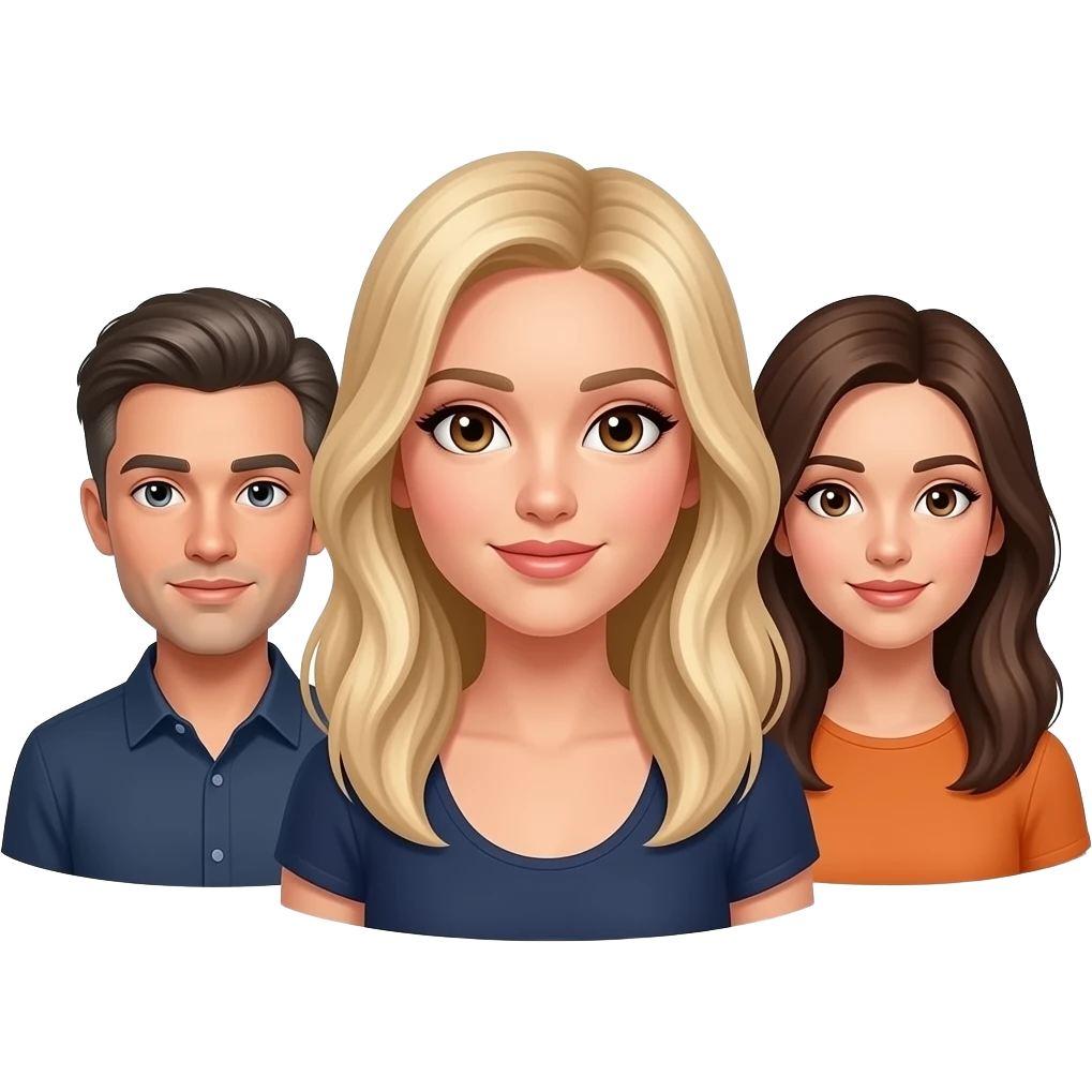 Make a throuple emoji One highlighted blonde long hair female with brown eyes, one brunette/gray hair male, one brunette long hair female with brown eyes emoji